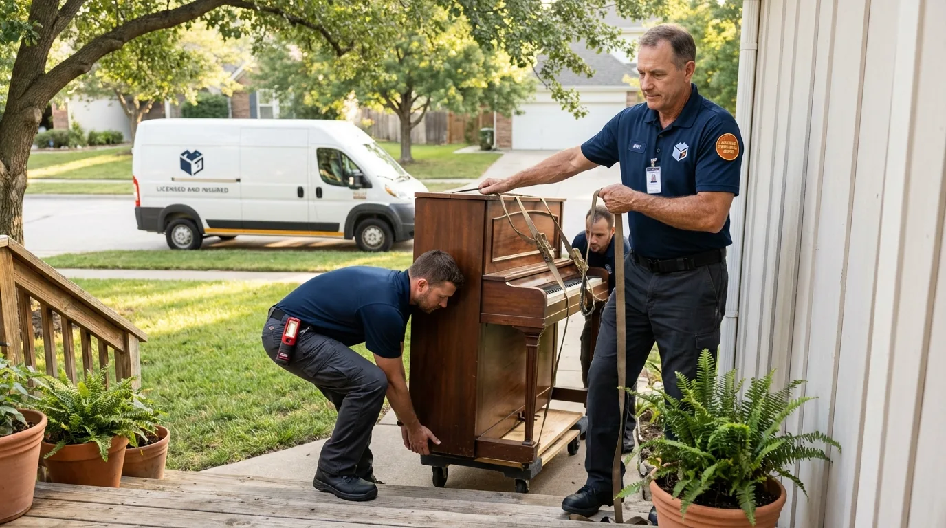 Licensed piano movers securing grand piano in Secaucus, NJ