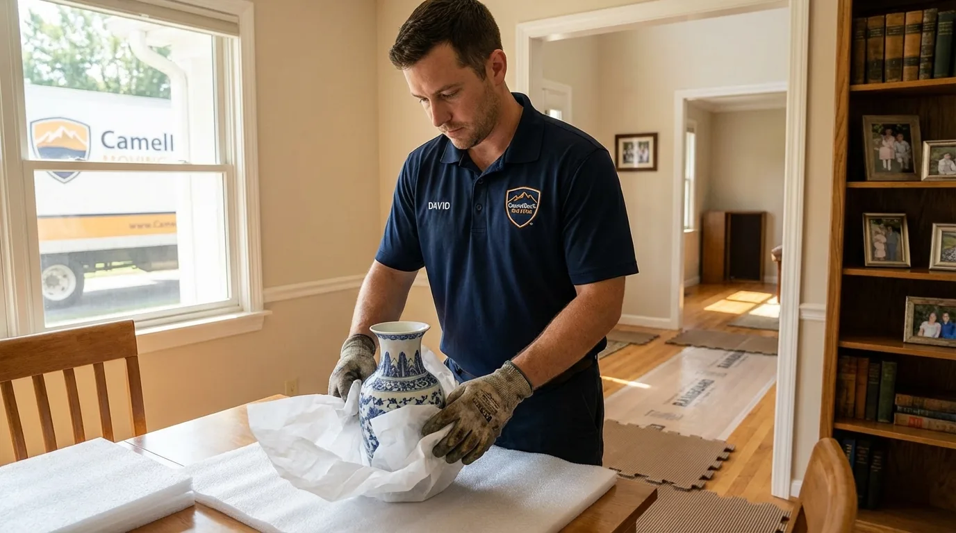 Professional crew carefully wrapping antique vase for senior downsizing move in Secaucus, NJ